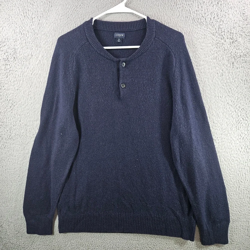 J.Crew Mens XL Navy Blue Lambswool Blend Henley‎ Sweater Raglan Sleeve Knit
